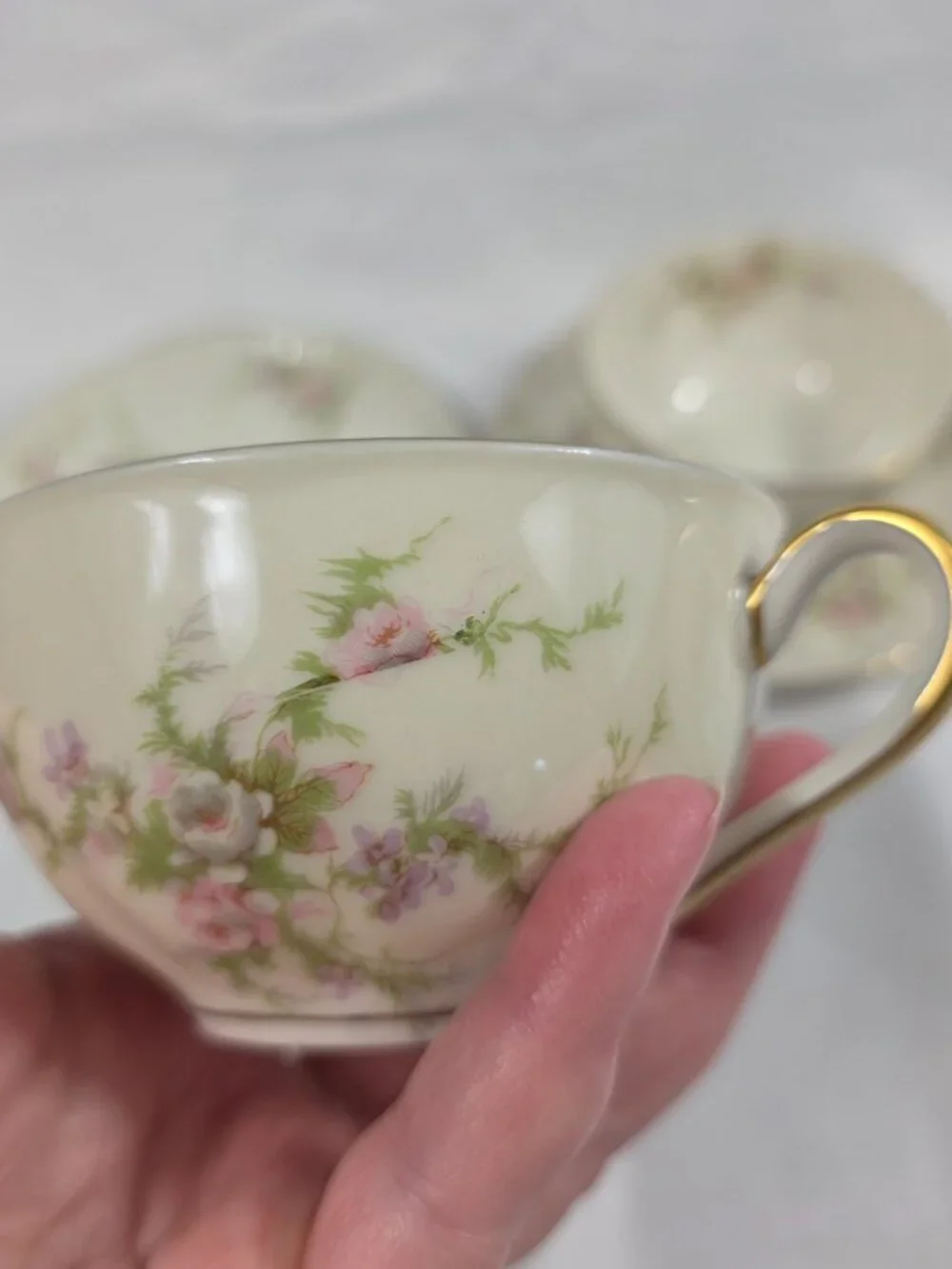 TWO Haviland Rosalinde (New York) Cup & Saucer Sets Pink & Lavendar Flowers